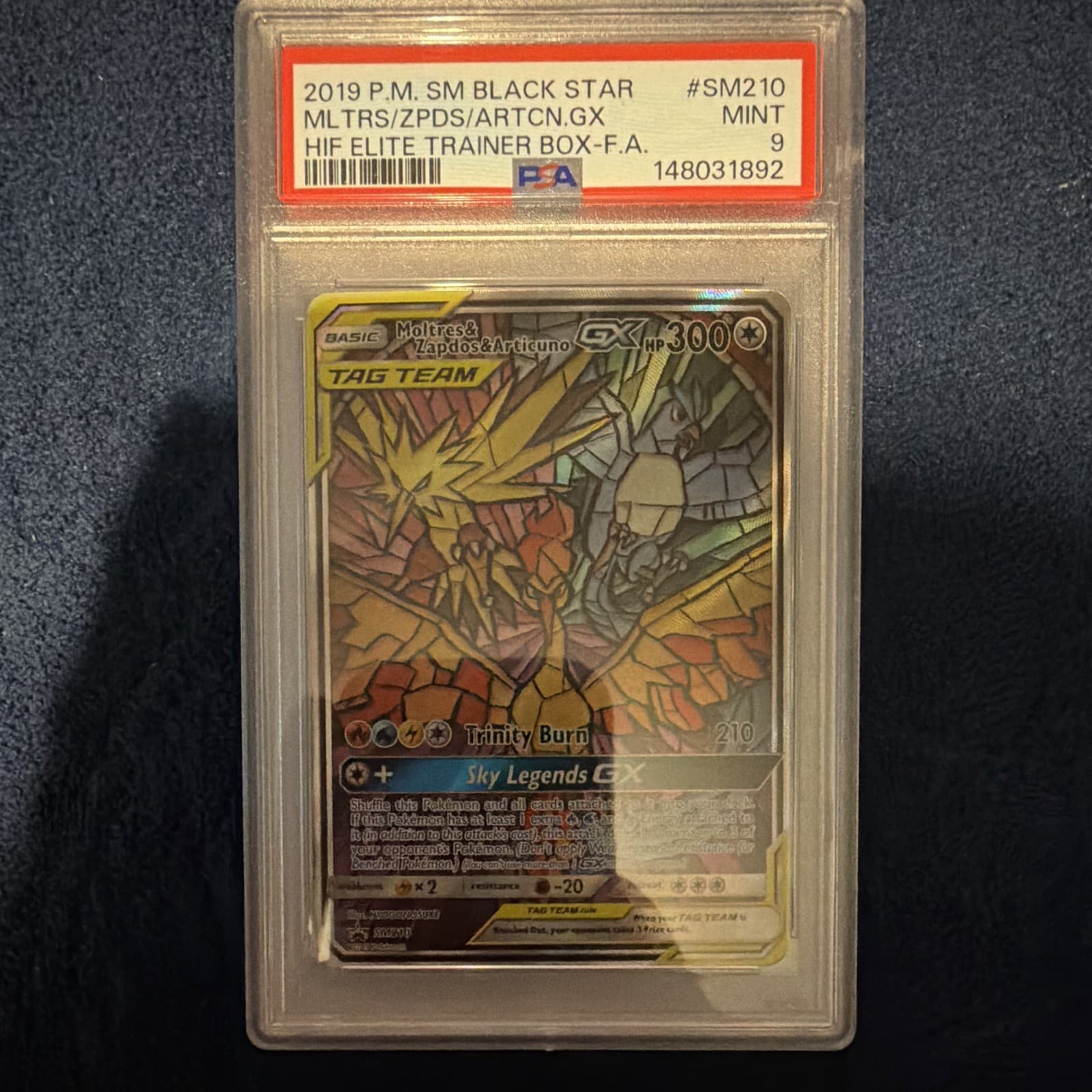 Pokemon Moltres & Zapdos & Articuno GX SM210 PSA 9 TAG TEAM FA Holo