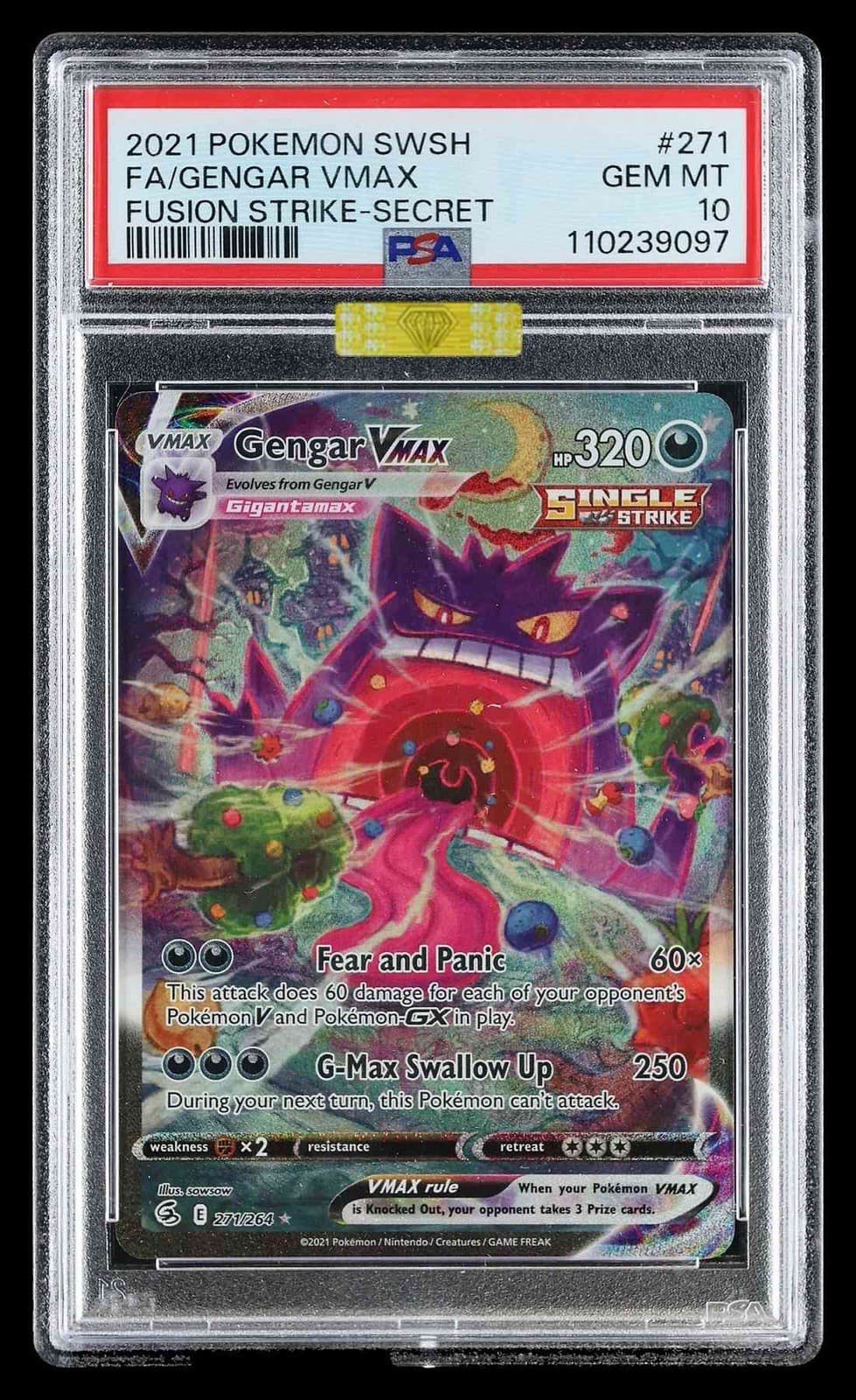 (MBA GOLD PRISTINE) Gengar VMAX 271/264 Fusion Strike Alt Art EN 2021 PSA 10