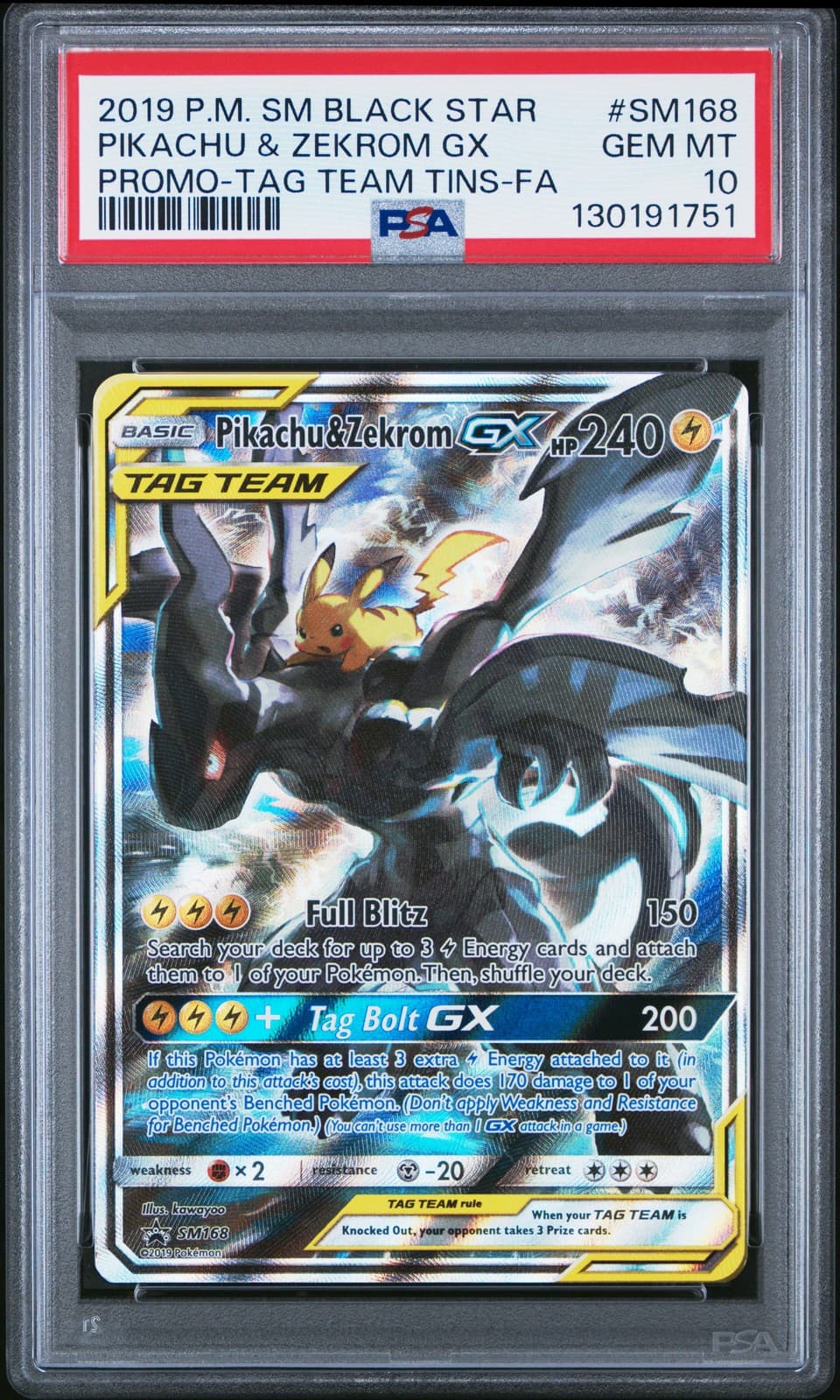 2019 POKEMON SM BLACK STAR PROMO #SM168 FULL ART/PIKACHU & ZEKROM GX PSA 10