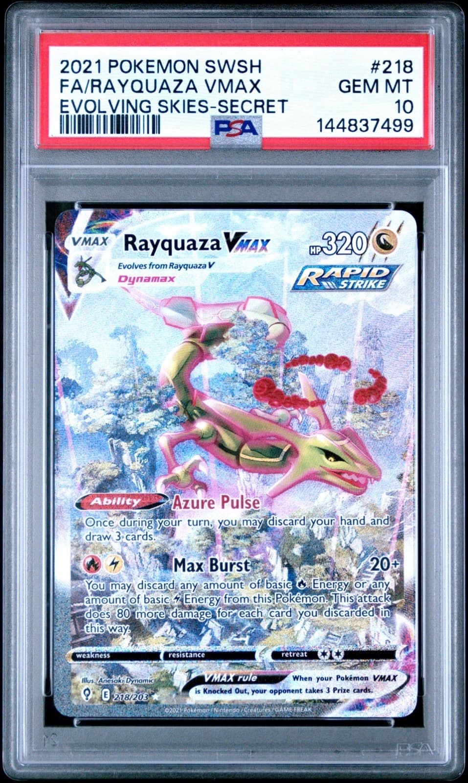Pokemon SWSH07 Evolving Skies Rayquaza VMAX 218/203 Alt Art Holo Eng PSA 10