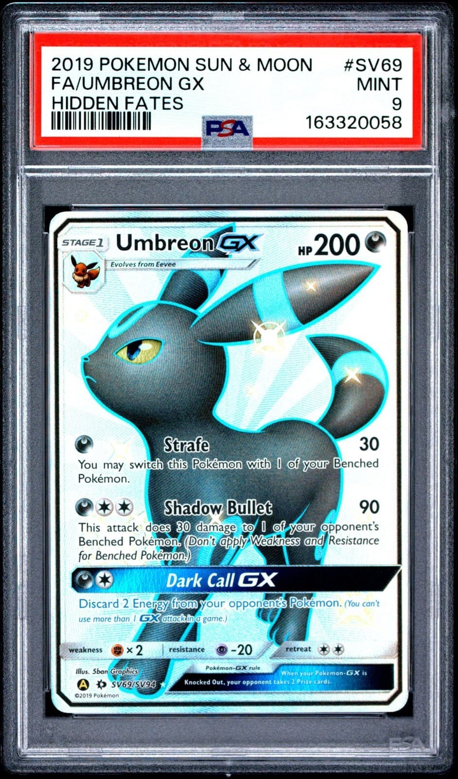 PSA 9 UMBREON GX SV69/SV94 FULL ART HIDDEN FATES POKEMON ✨