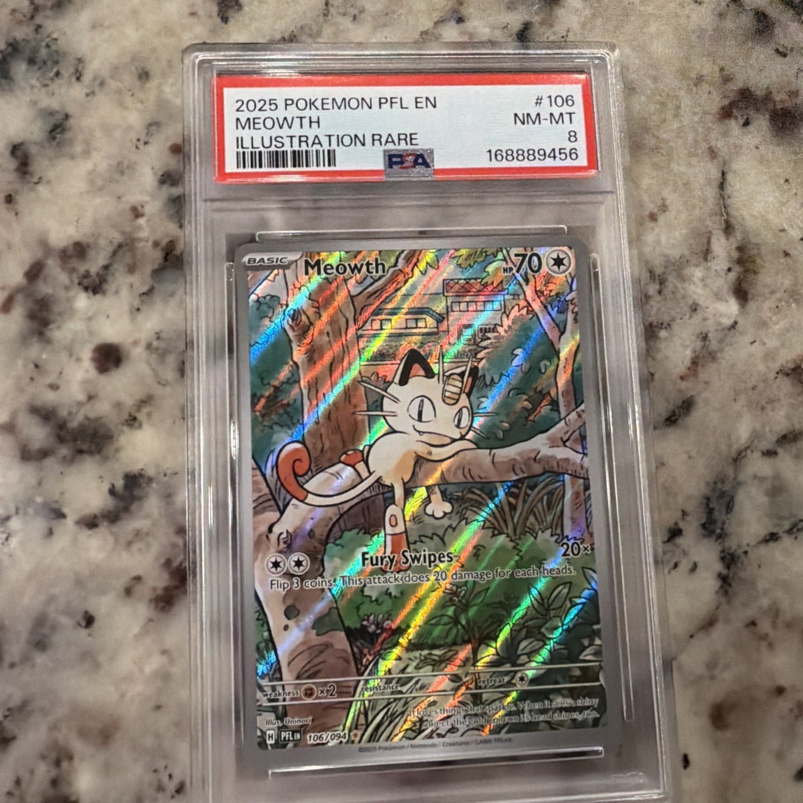 Pokemon 2025 Meowth 106/094 Illustration Rare Prismatic Evolutions PSA 8