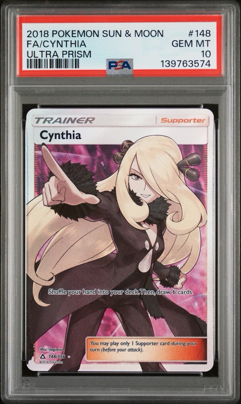 2018 POKEMON SUN & MOON CYNTHIA 148/156 ULTRA PRISM FULL ART PSA 10