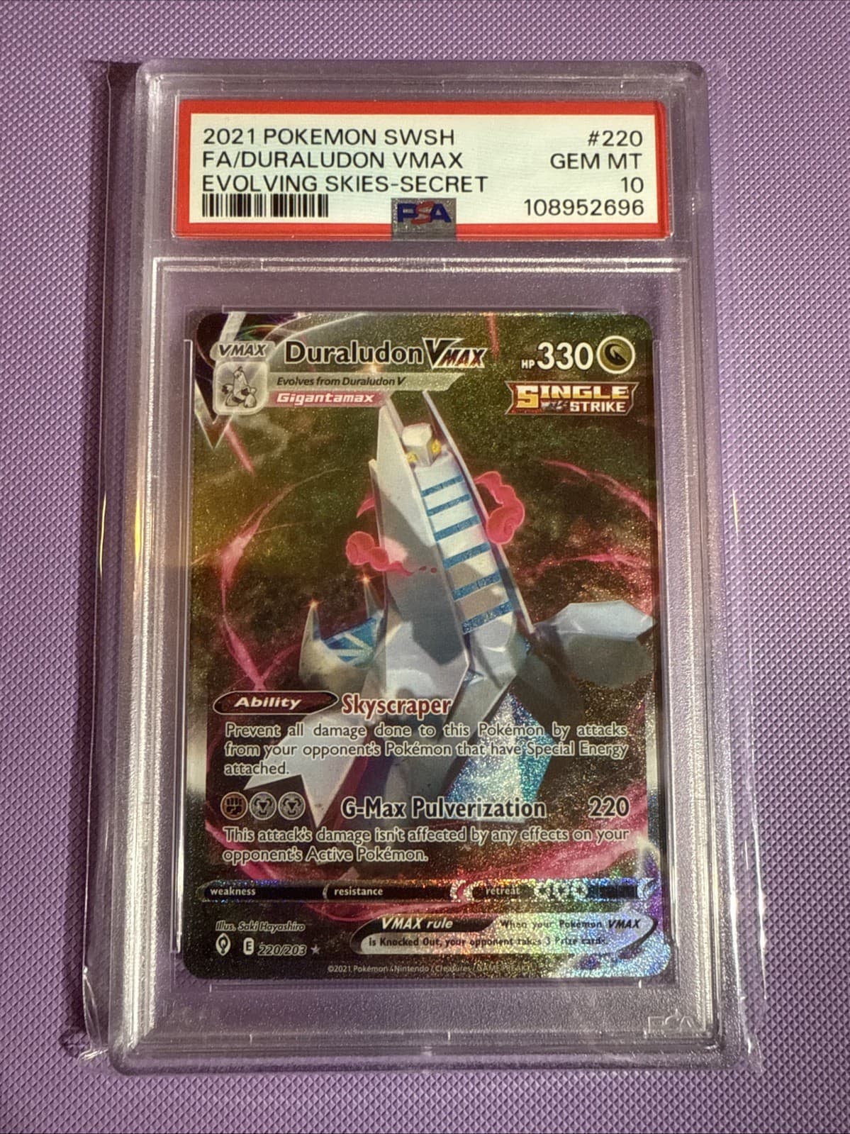 Pokémon Duraludon VMAX Alternate Art Secret 220/203 Evolving Skies PSA 10 Mint