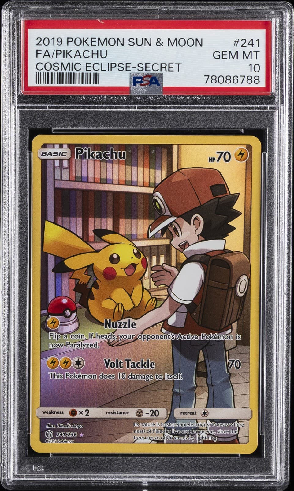 2019 POKEMON SUN & MOON COSMIC ECLIPSE SECRET #241 FULL ART/PIKACHU PSA 10