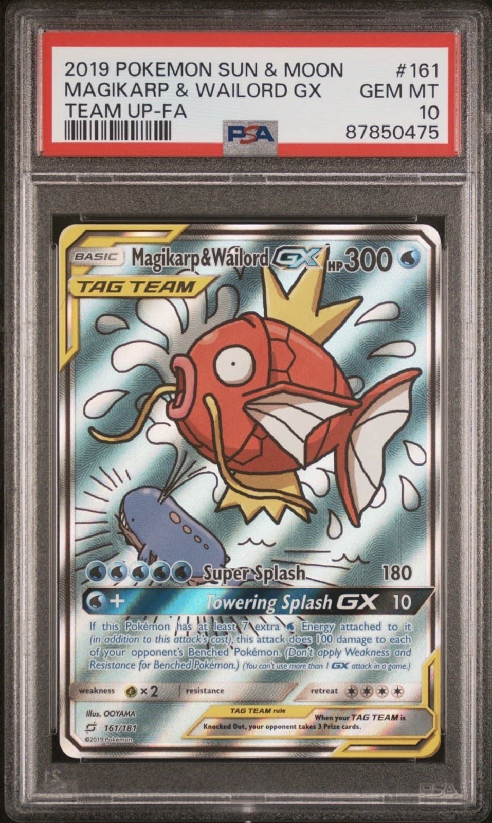 2019 POKEMON SUN & MOON TEAM UP #161 FULL ART/MAGIKARP & WAILORD GX PSA 10