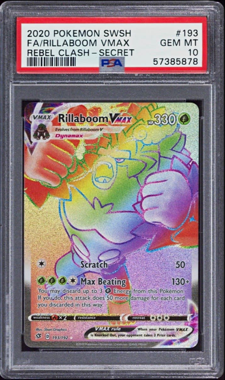 Pokemon 2020 Rillaboom VMAX Secret Rare Full Art Holo Rebel Clash 193/192 PSA 10