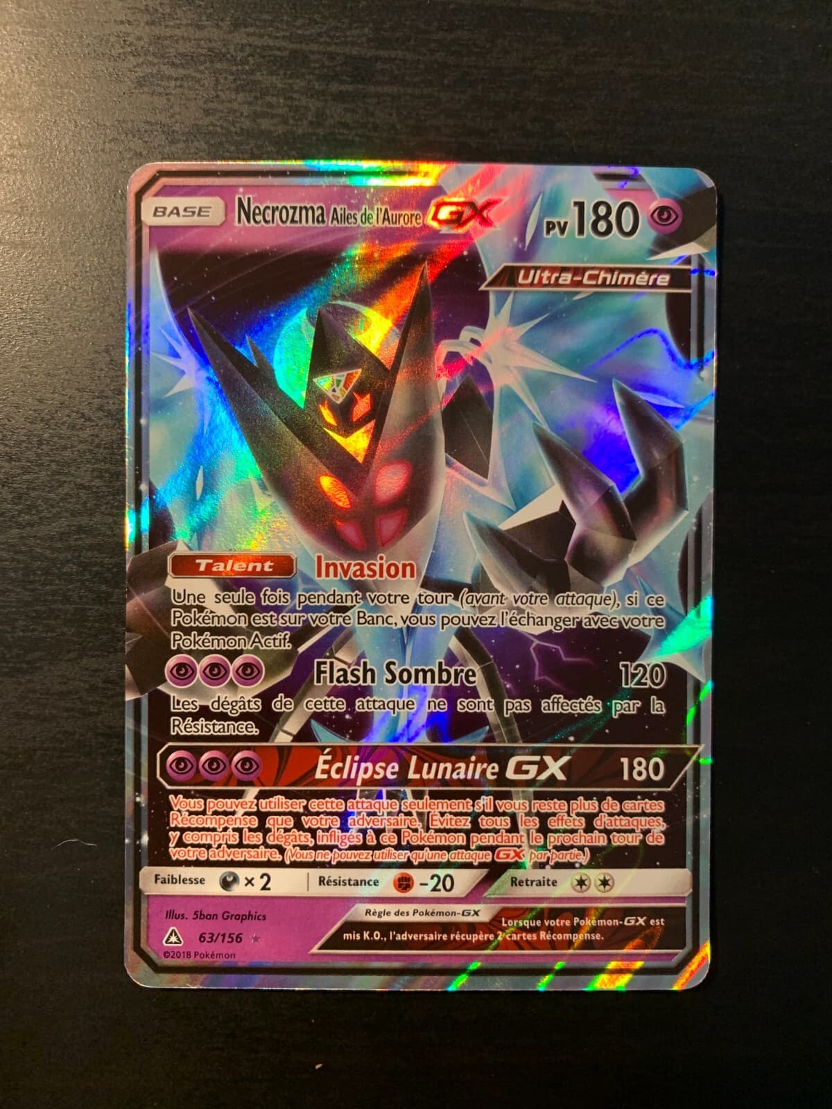 Carte Pokémon  Necrozma Ailes de l'Aurore GX 63/156 SL5 Ultra Prisme FR NEUF