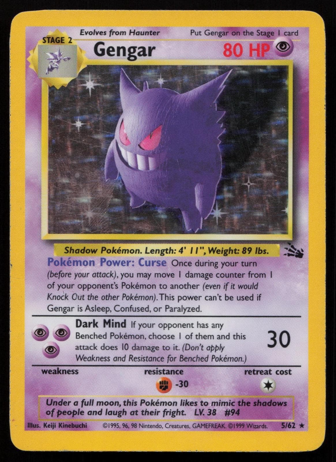 Gengar 5/62 Unlimited Holo Rare Fossil Pokemon English MP