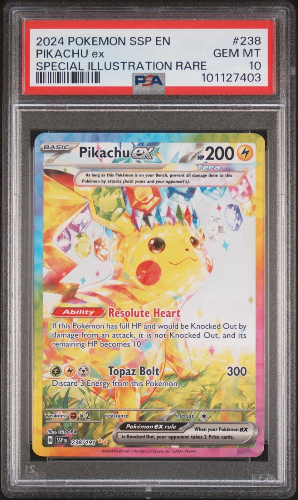 Pokemon 2024 Pikachu ex 238/191 Tera SIR Surging Sparks GEM MINT PSA 10