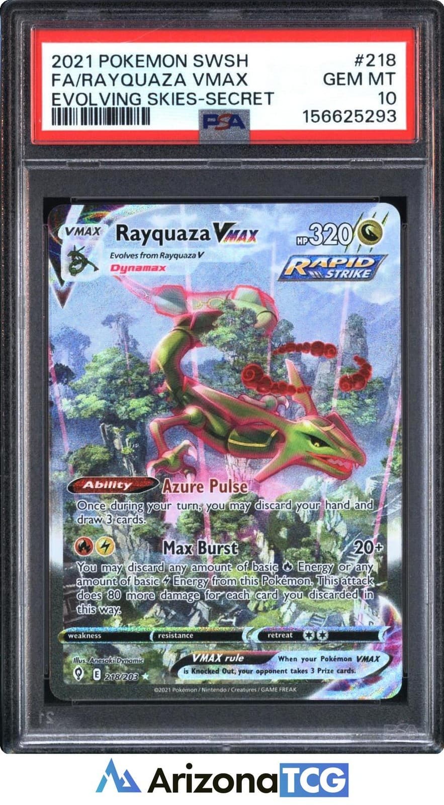 Pokemon 2021 Rayquaza VMAX 218/203 Alt Art SR Evolving Skies GEM MINT PSA 10