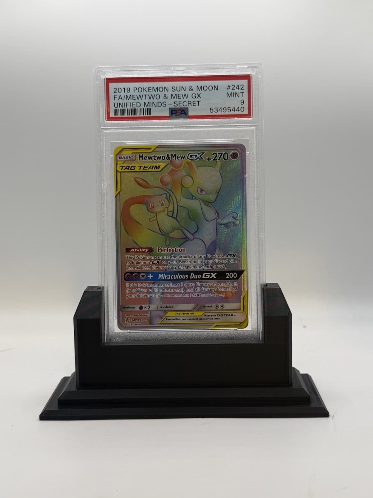 2019 Pokemon Unified Minds Rainbow Mewtwo and Mew GX Full Art 242/236 PSA 9 Mint