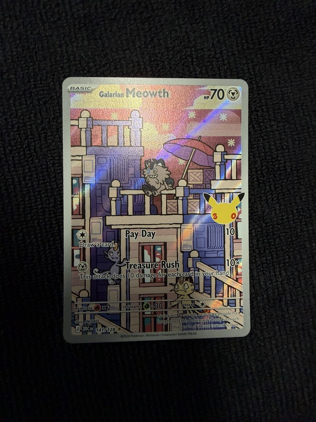 Pokemon TCG Galarian Meowth 141/128 IR 30th Anniversary Celebration NM