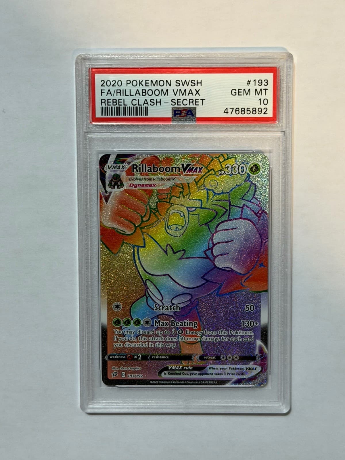 Pokemon Rillaboom VMAX Secret 193/192 Swsh02: Rebel Clash Holo PSA 10