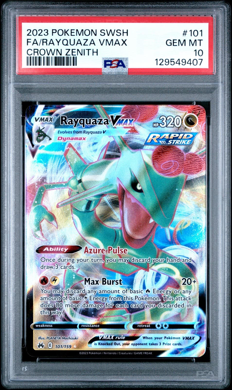 2023 POKEMON SWORD & SHIELD CROWN ZENITH #101 FULL ART/RAYQUAZA VMAX PSA 10