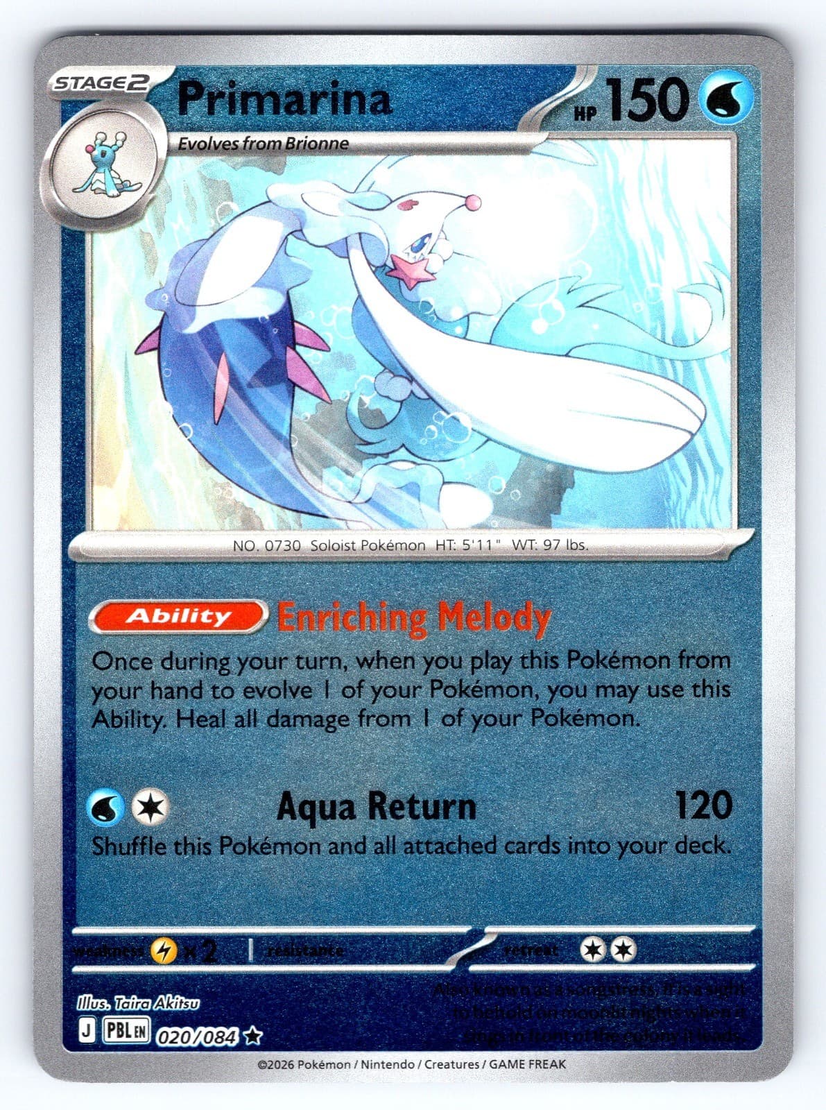 Pokémon TCG Primarina Rare ME05: Pitch Black 020/084 NM