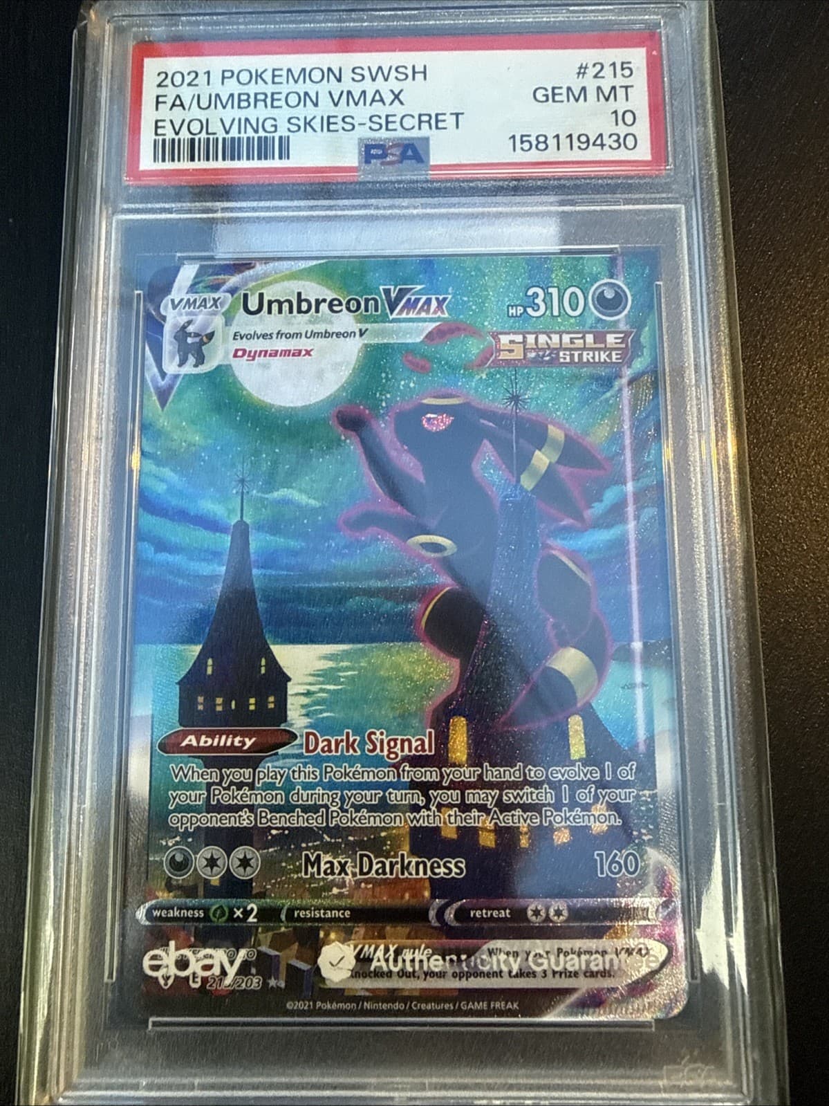 Pokemon 2021 Umbreon VMAX 215/203 Alt Art Evolving Skies GEM MINT PSA 10