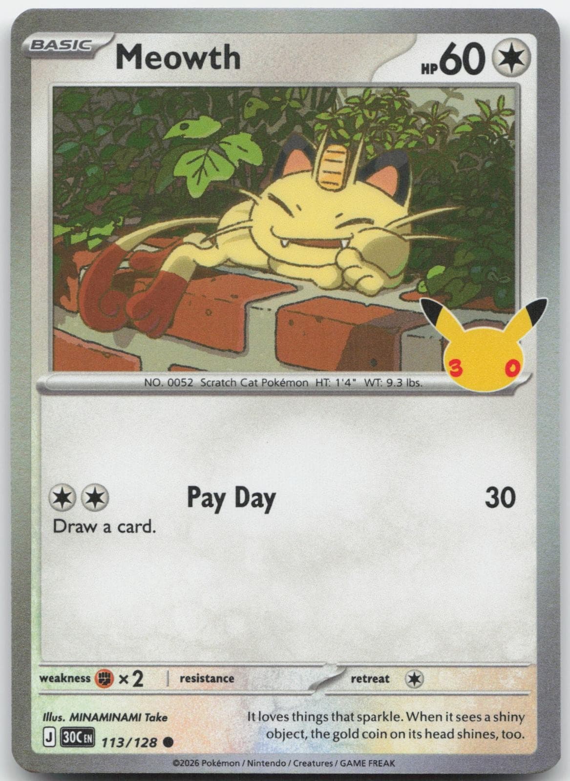 Meowth 113/128 Holo Common ME: 30th Celebration Pokemon Near Mint