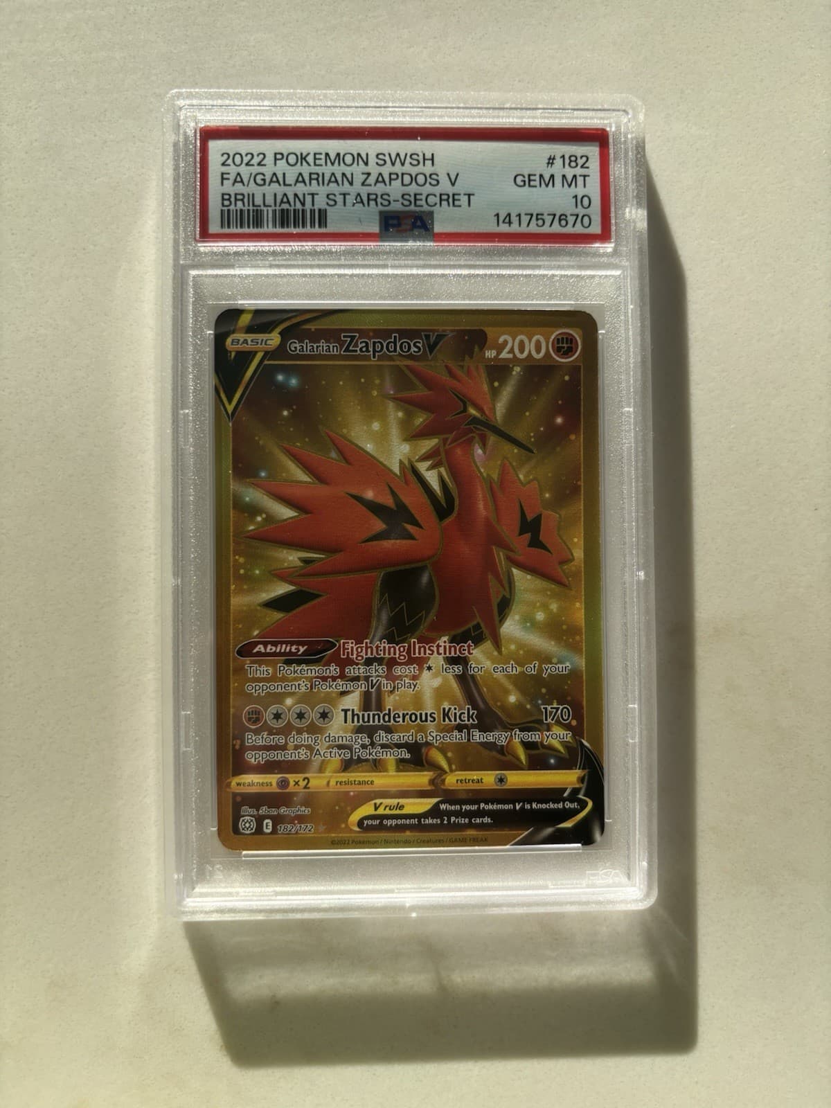 Pokemon TCG Galarian Zapdos V 182/172 Brilliant Stars Secret Rare Holo PSA 10