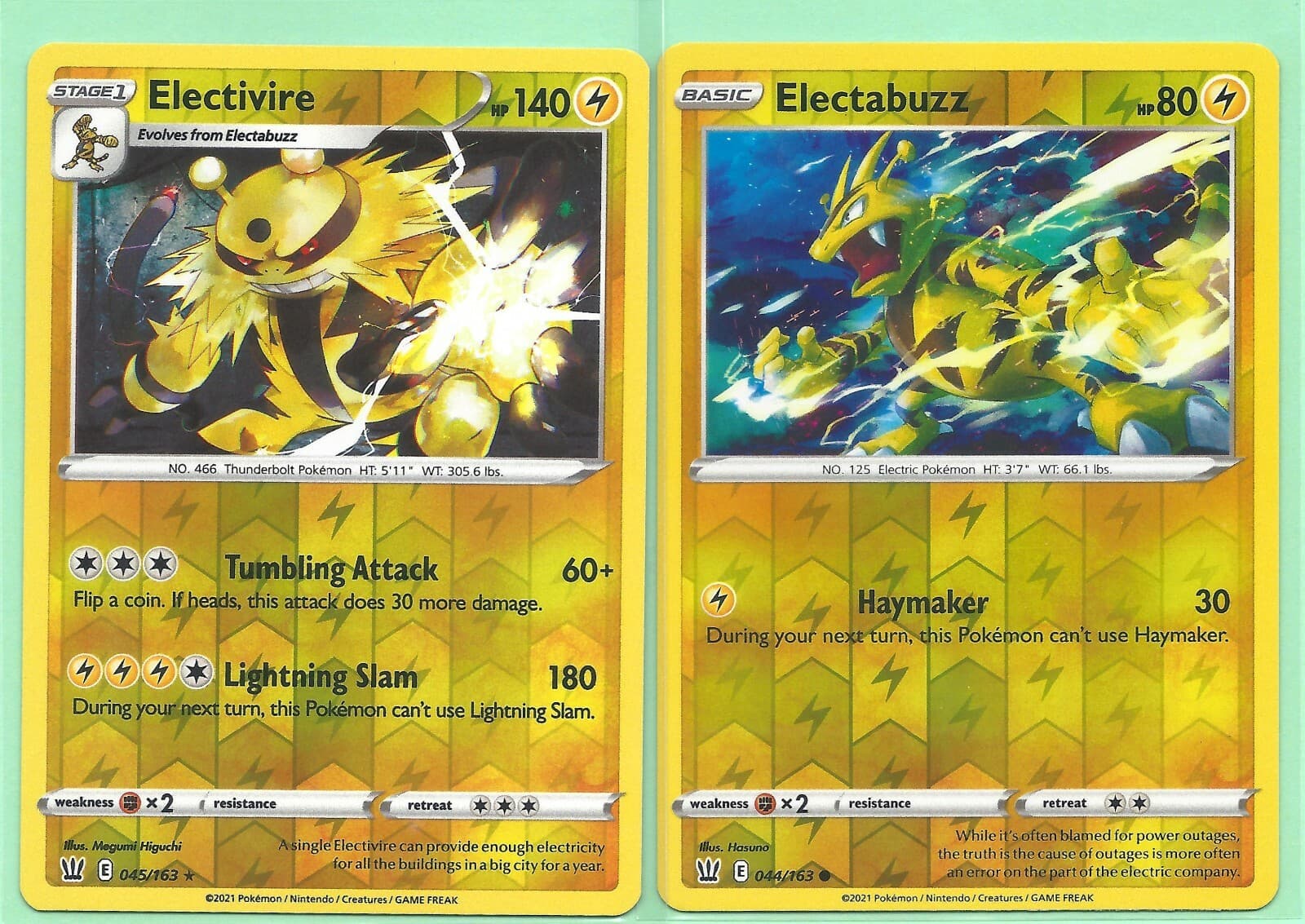 2 BATTLE STYLES POKEMON SET-RARE ELECTIVIRE #45 & ELECTABUZZ #44 - REV HOLO-NM/M