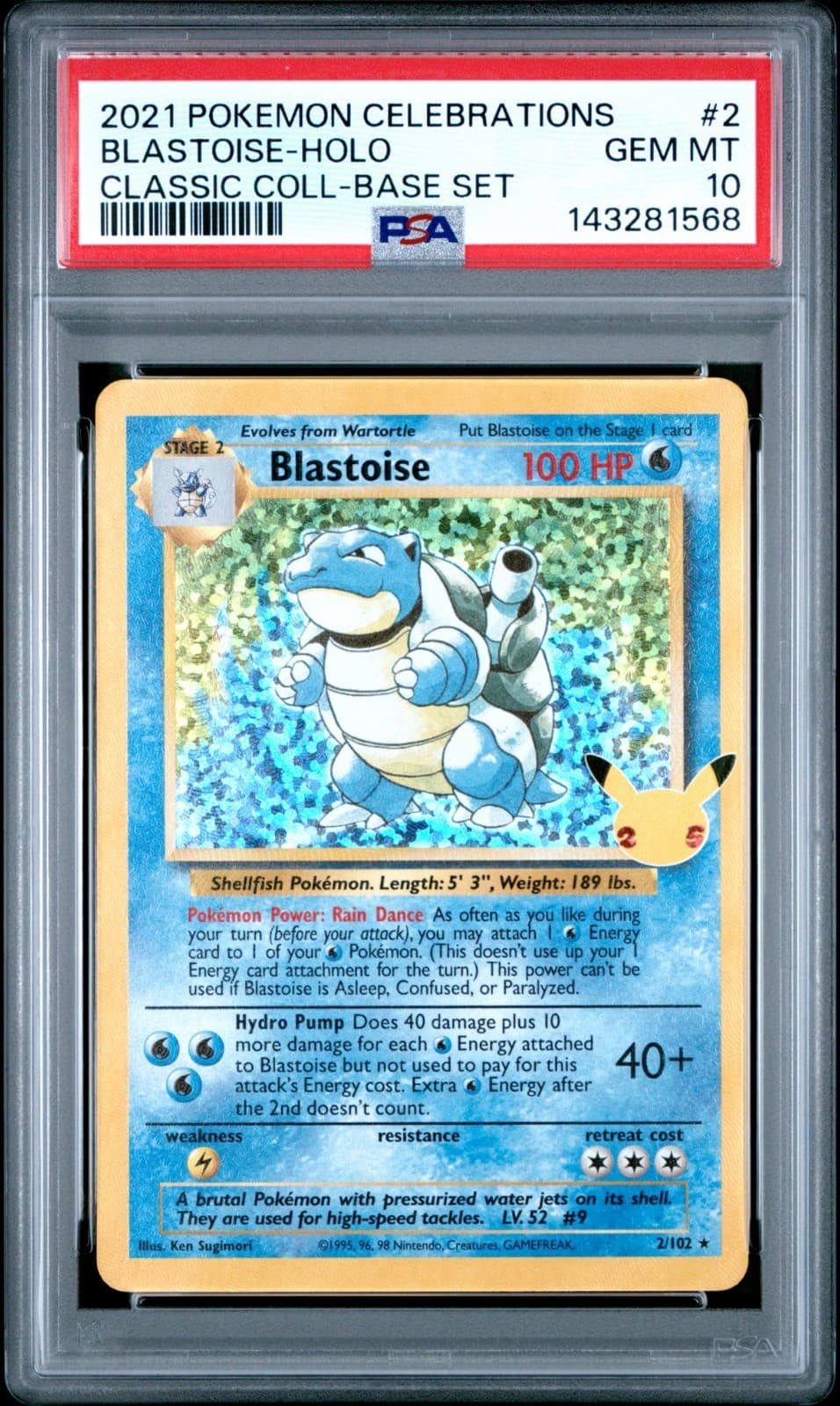 Blastoise 2/102 Celebrations: Classic Collection Holo PSA 10