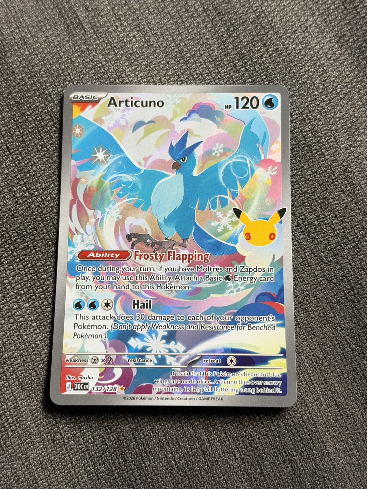 Pokemon TCG Articuno 132/128 IR 30th Anniversary Celebration Illustration Rare
