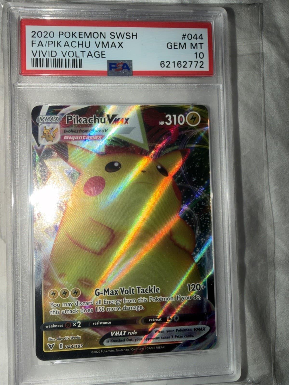 2020 POKEMON SWORD & SHIELD VIVID VOLTAGE #044 FA/PIKACHU VMAX PSA GEM MT 10
