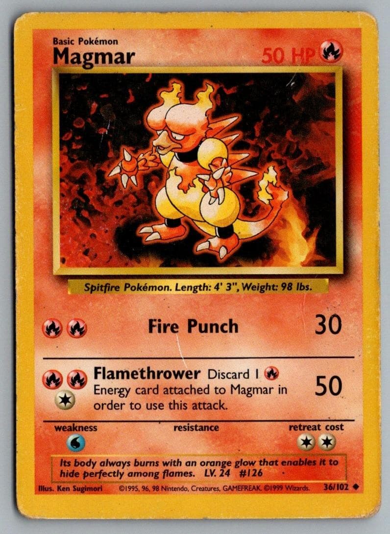 Magmar 36/102 Uncommon Base Set Unlimited Pokemon Lightly Played
