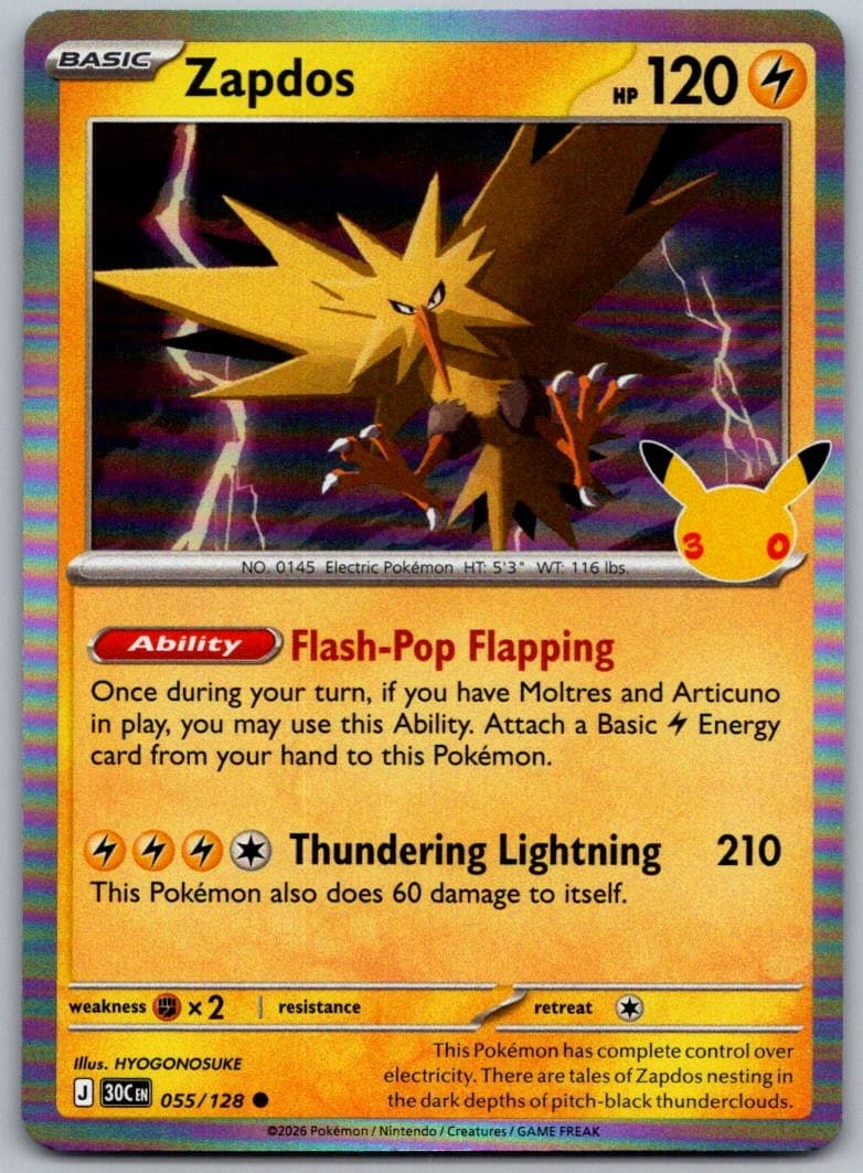 Zapdos 30th Celebration 055/128 Common Holo Pokémon — English Near Mint