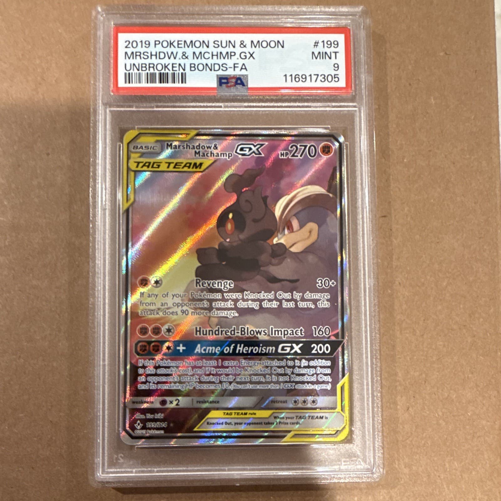 Pokemon 2019 Marshadow & Machamp GX 199/214 Unbroken Bonds Full Art Holo PSA 9