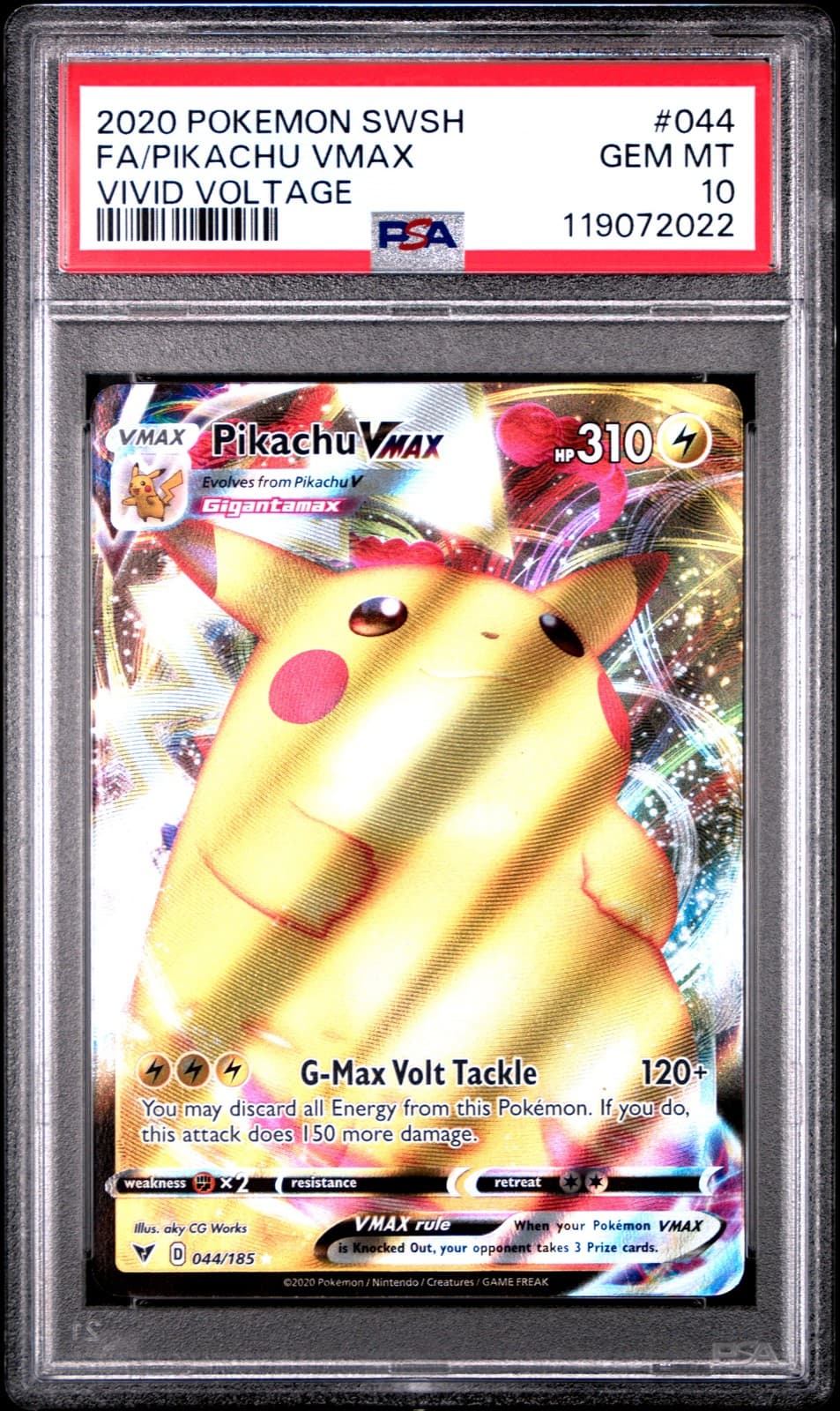 2020 POKEMON SWORD & SHIELD VIVID VOLTAGE #044 FULL ART/PIKACHU VMAX PSA 10