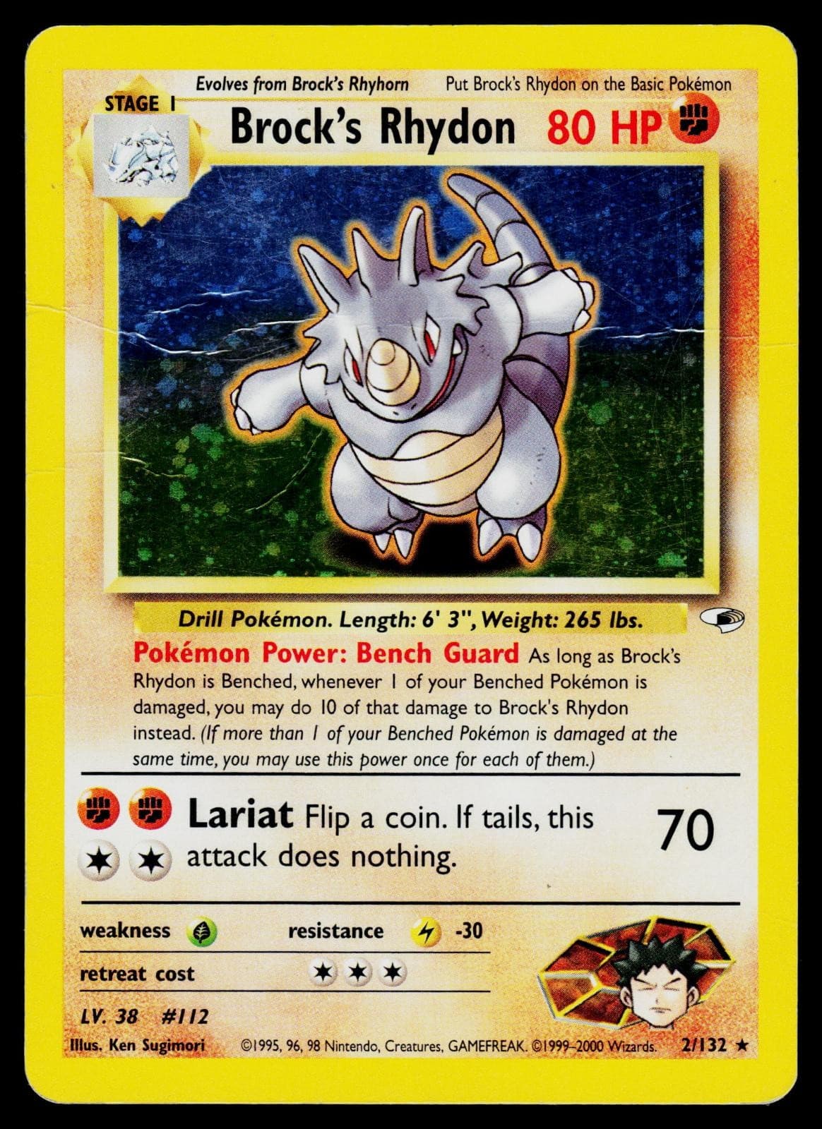Brock's Rhydon 2/132 Rare Gym Heroes Pokemon Unlimited Holo Heavily Played