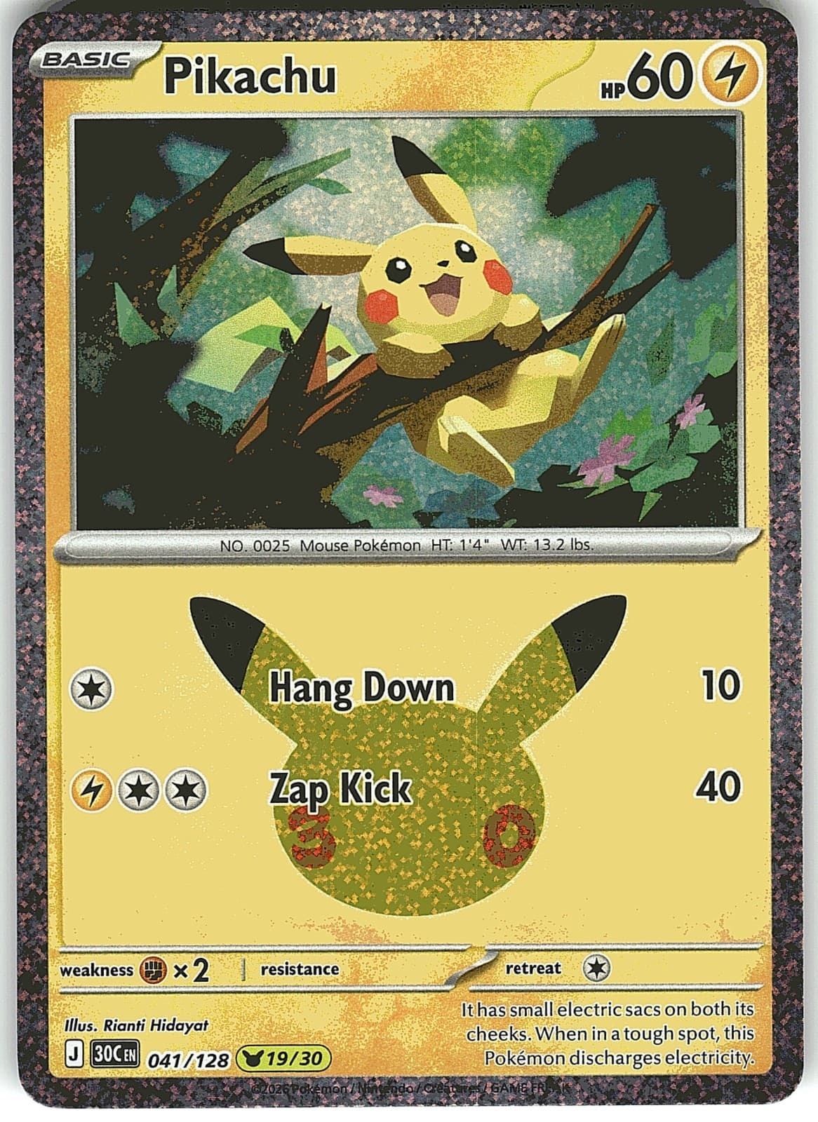 Pikachu 041/128 Holo Pikachu Rare 19/30 ME: 30th Celebration Pokemon NM