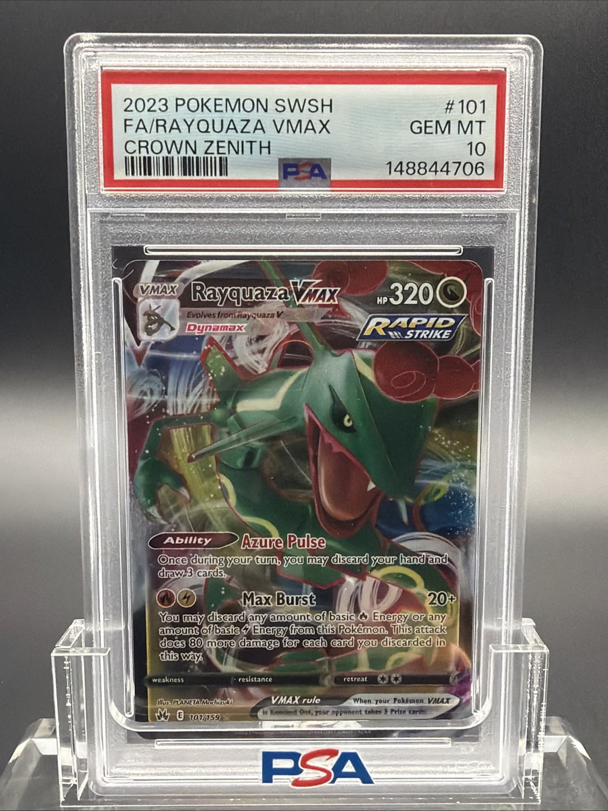 2023 Pokemon SWSH Crown Zenith #101 FA Rayquaza VMAX PSA 10 GEM MINT