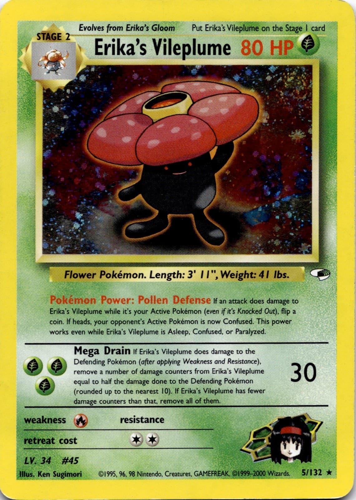 Erika's Vileplume 5/132 Rare Gym Heroes Pokemon Unlimited Holo Heavily Played