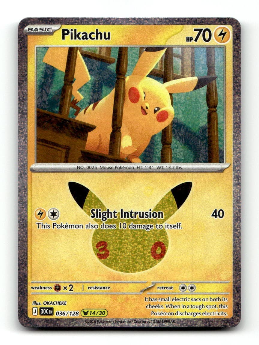 Pikachu 036/128 Holo Pikachu Rare ME: 30th Celebration Pokemon Near Mint