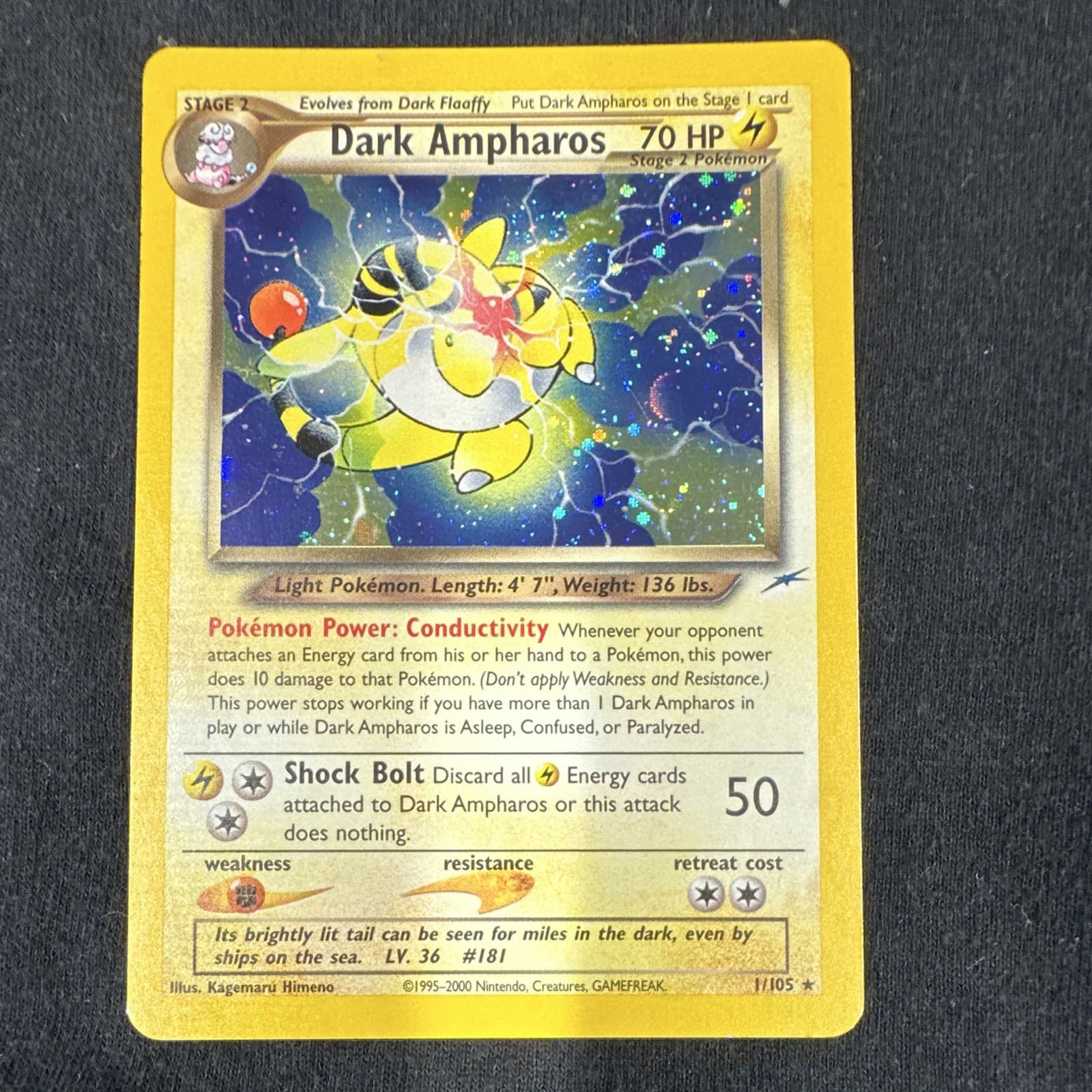 Pokemon Dark Ampharos 1/105 Neo Destiny Holo Rare English 70 HP Stage 2 Swirl