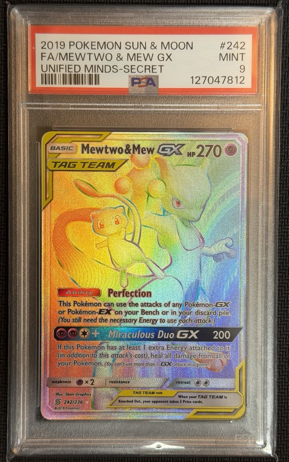 2019 Pokemon Sun & Moon Unified Minds Mewtwo & Mew GX Rainbow 242/236 PSA 9 Mint