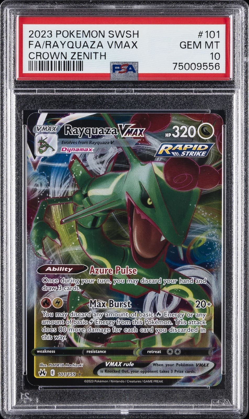 2023 POKEMON SWORD & SHIELD CROWN ZENITH #101 FULL ART/RAYQUAZA VMAX PSA 10
