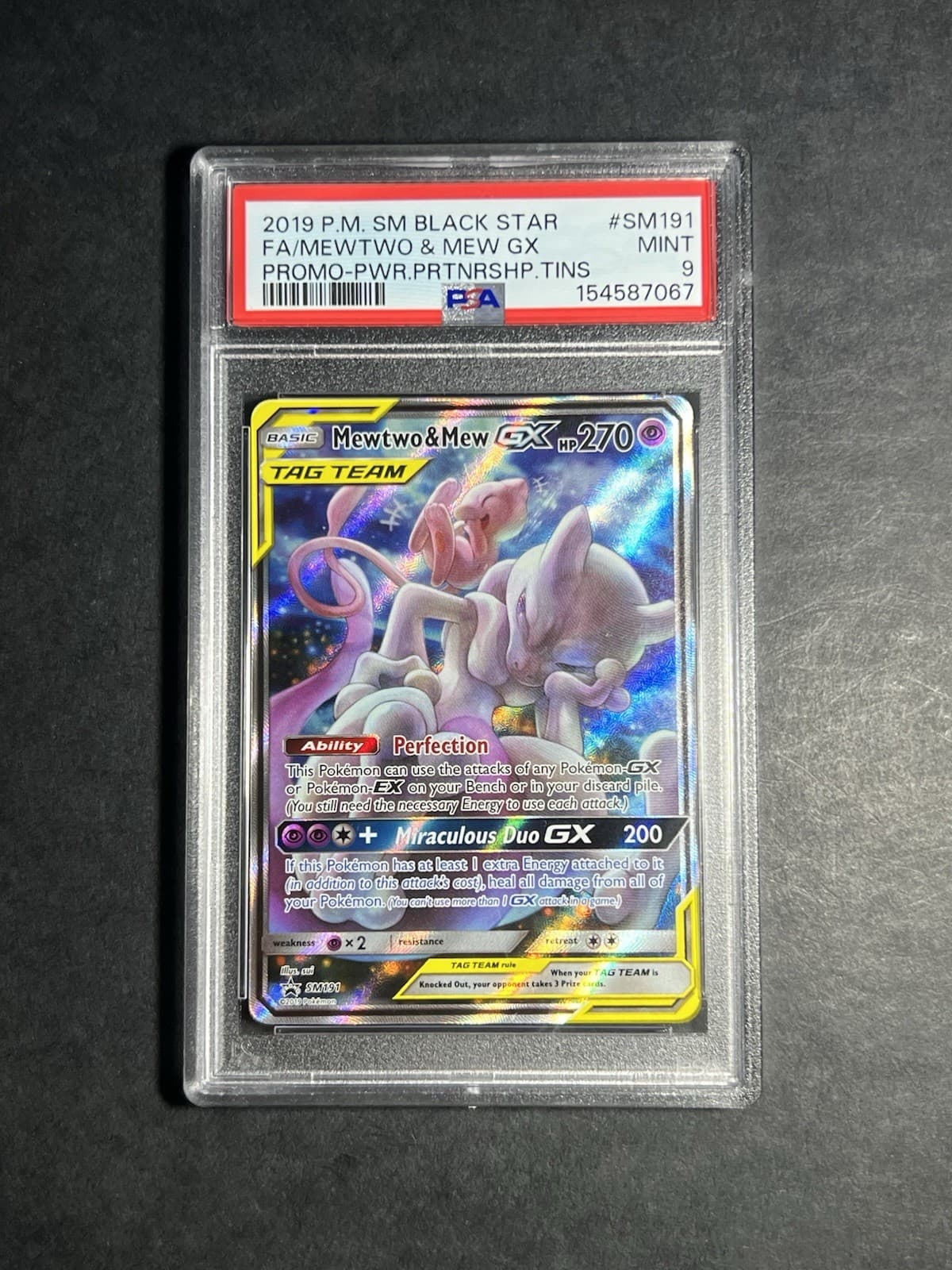 Pokemon 2019 P.M. SM Black Star FA/MEWTWO & Mew GX SM191 SM Holo Promo-Pwr PSA 9