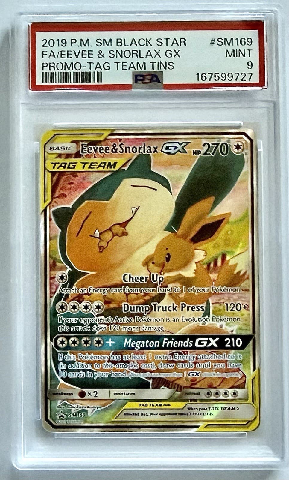 Pokémon TCG Eevee & Snorlax GX Team Up TCG SM169 Holo Promo PSA 9 Mint