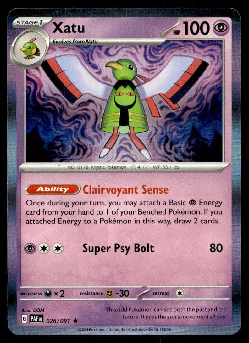 Xatu 26/91 Pokemon Card Paldean Fates Rare 100 HP Holo Near Mint WS
