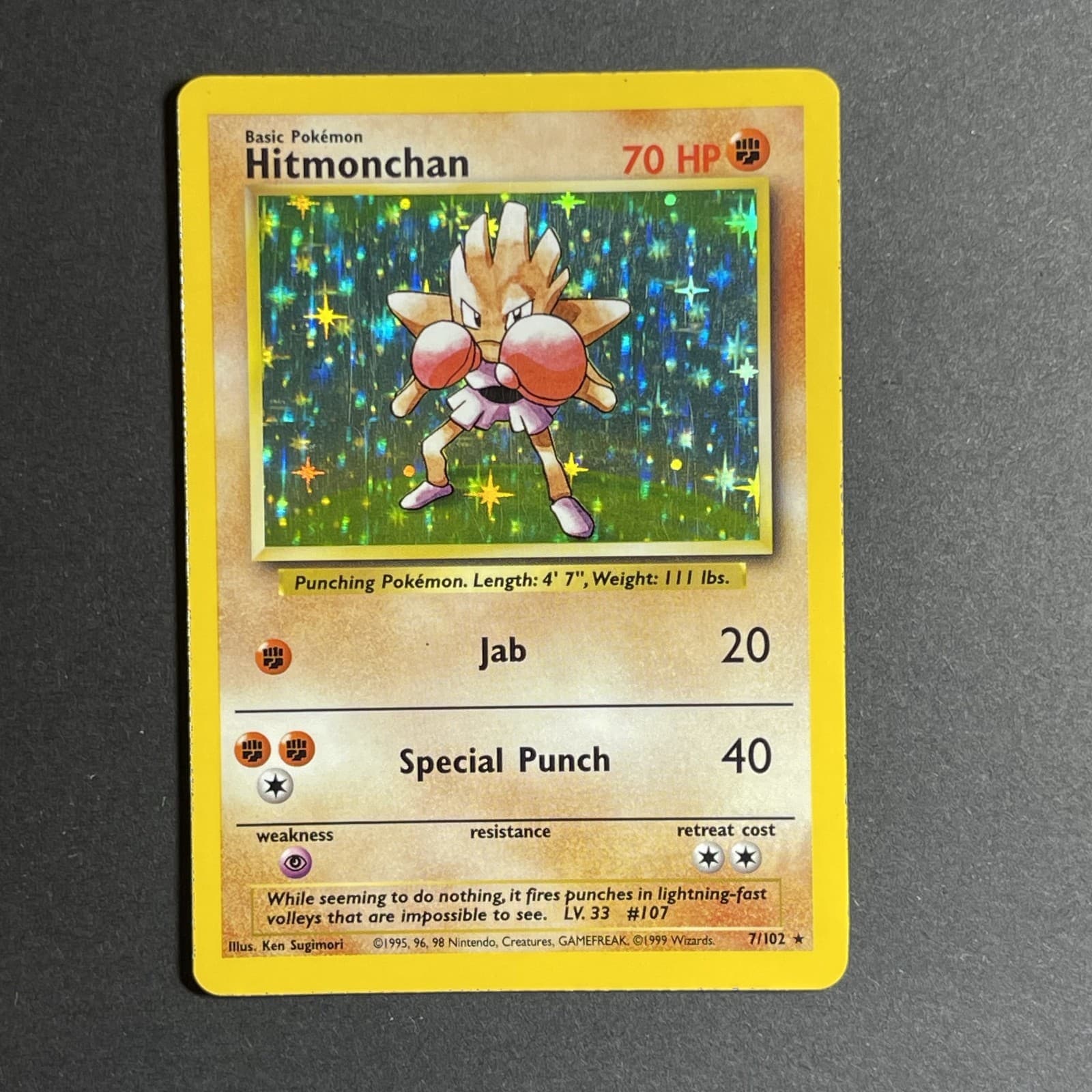 Hitmonchan 7/102 LP Unlimited Holo Rare - 1999 Pokemon Base Set WOTC Pokemon TCG
