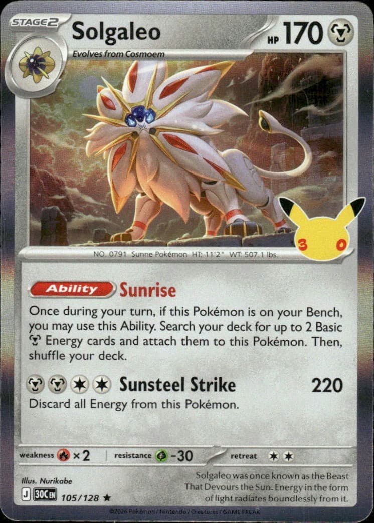 Solgaleo 30th Celebration 105/128 Rare Holo Pokémon — English NM