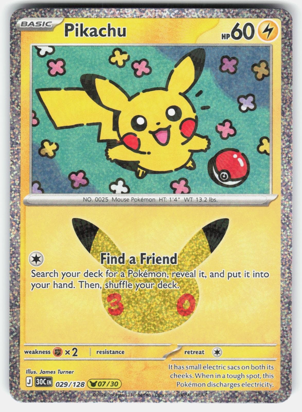 Pikachu 029/128 Holo Pikachu Rare ME: 30th Celebration Pokemon NM/M