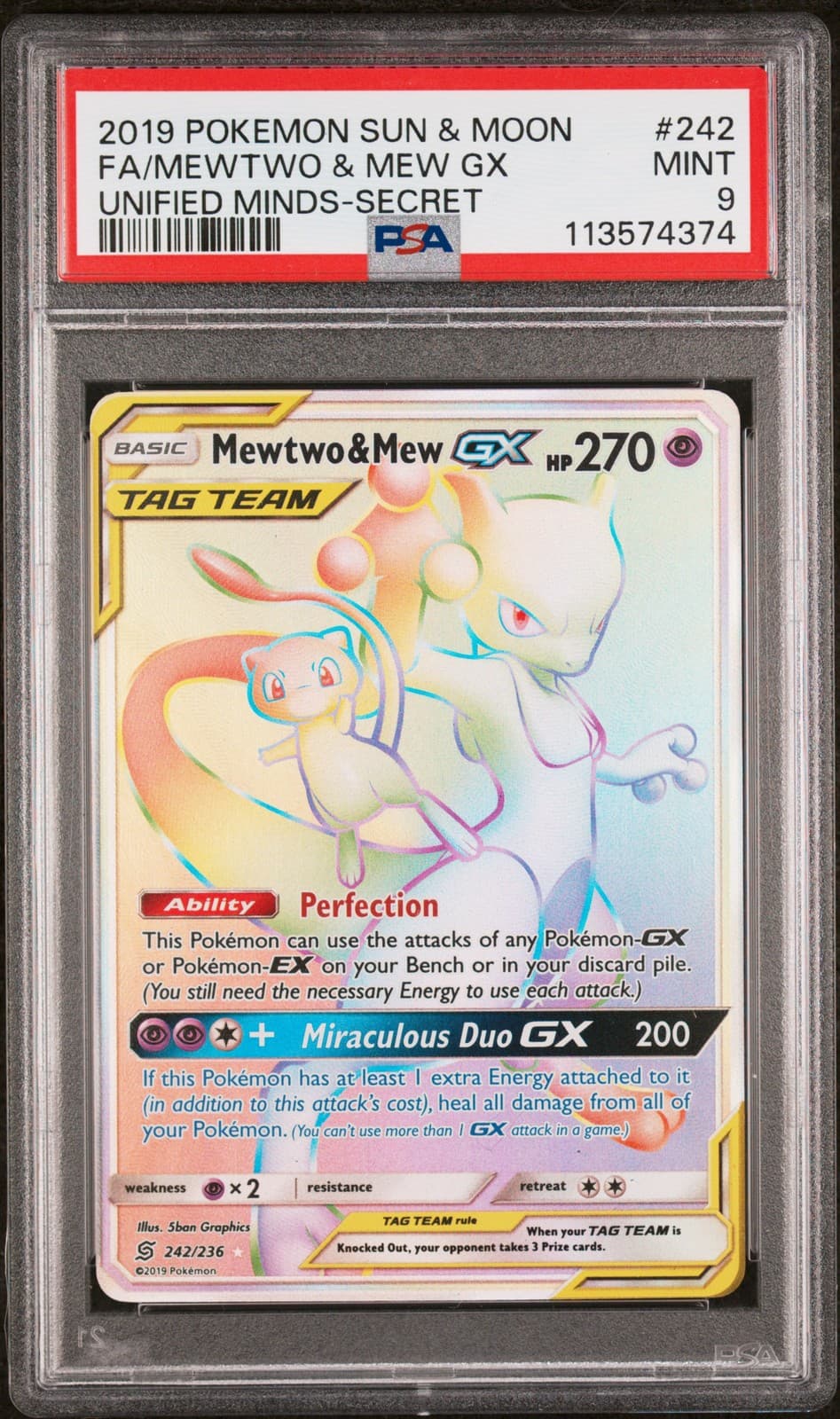 Mewtwo & Mew Gx 242/236 Secret Unified Minds Pokemon PSA 9