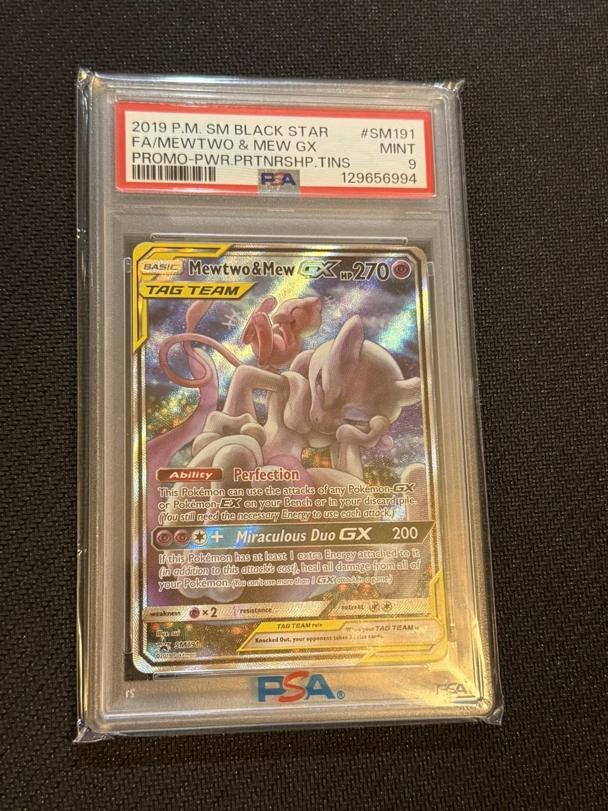 2019 POKEMON SM BLACK STAR PROMO #SM191 FULL ART/MEWTWO & MEW GX PSA 9