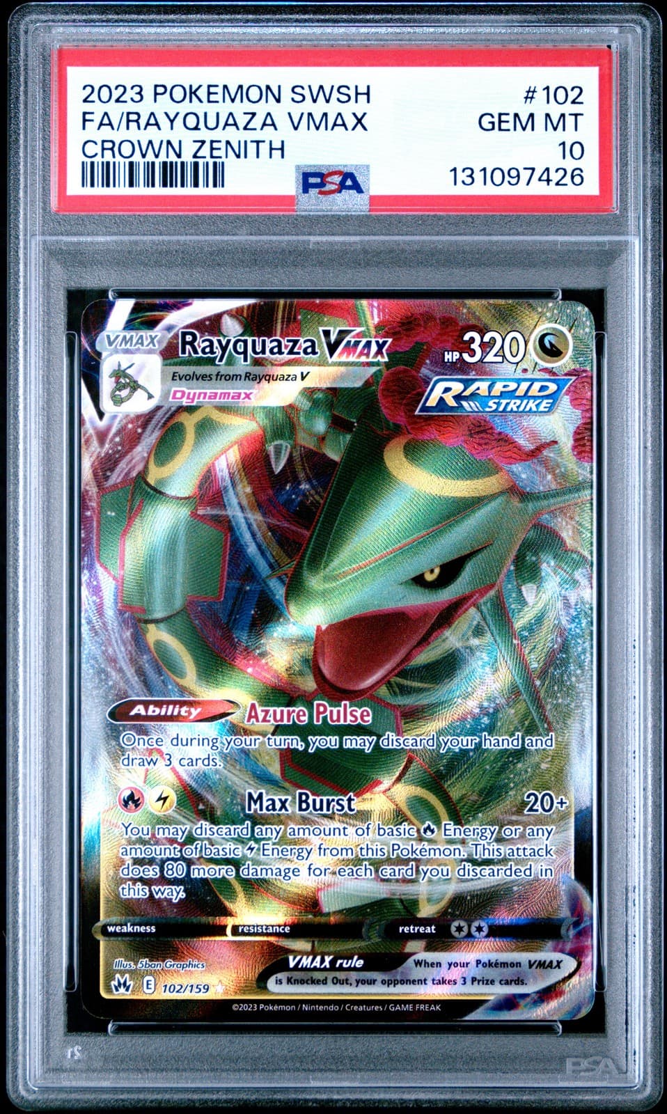2023 POKEMON SWORD & SHIELD CROWN ZENITH #102 FULL ART/RAYQUAZA VMAX PSA 10