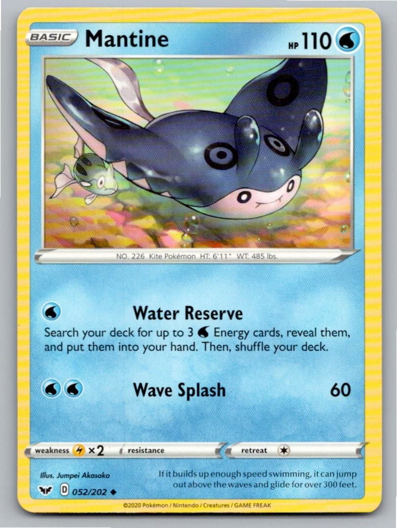 2020 POKEMON MANTINE SWORD & SHIELD 052/202 UC NM A61843 FREE S&H
