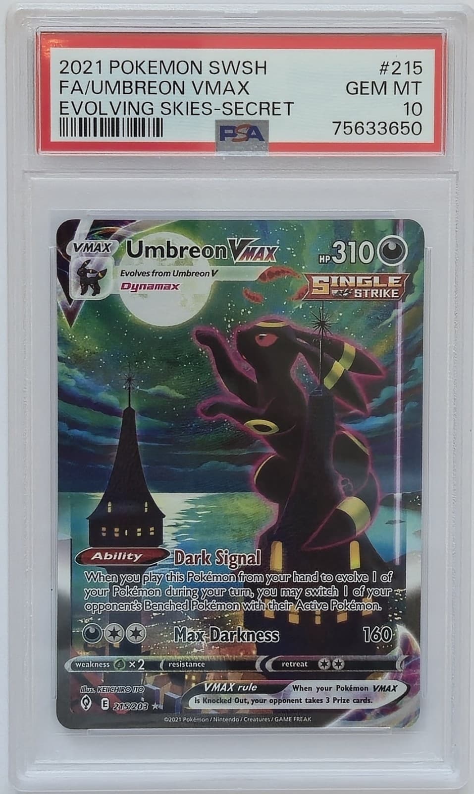 2021 Pokemon SWSH Evolving Skies Umbreon VMAX #215/203 PSA 10 GEM MINT